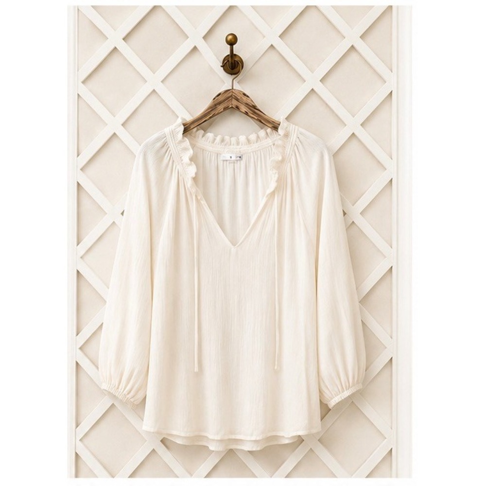 Lush Peasant Blouse‎ Ruffle Tie Neck Cream White Small